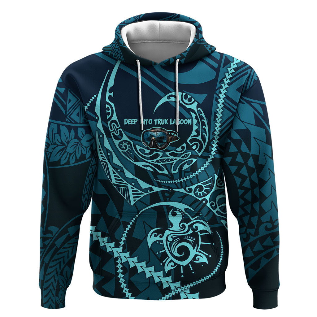 Chuuk Deep Into Truk Lagoon Hoodie Polynesian Tribal Pattern Wreck Diving Teal Ship Art TS04 Pullover Hoodie Blue Black - Polynesian Pride