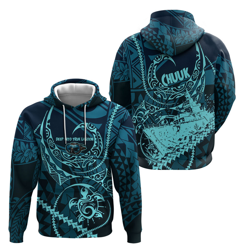 Chuuk Deep Into Truk Lagoon Hoodie Polynesian Tribal Pattern Wreck Diving Teal Ship Art TS04 - Polynesian Pride