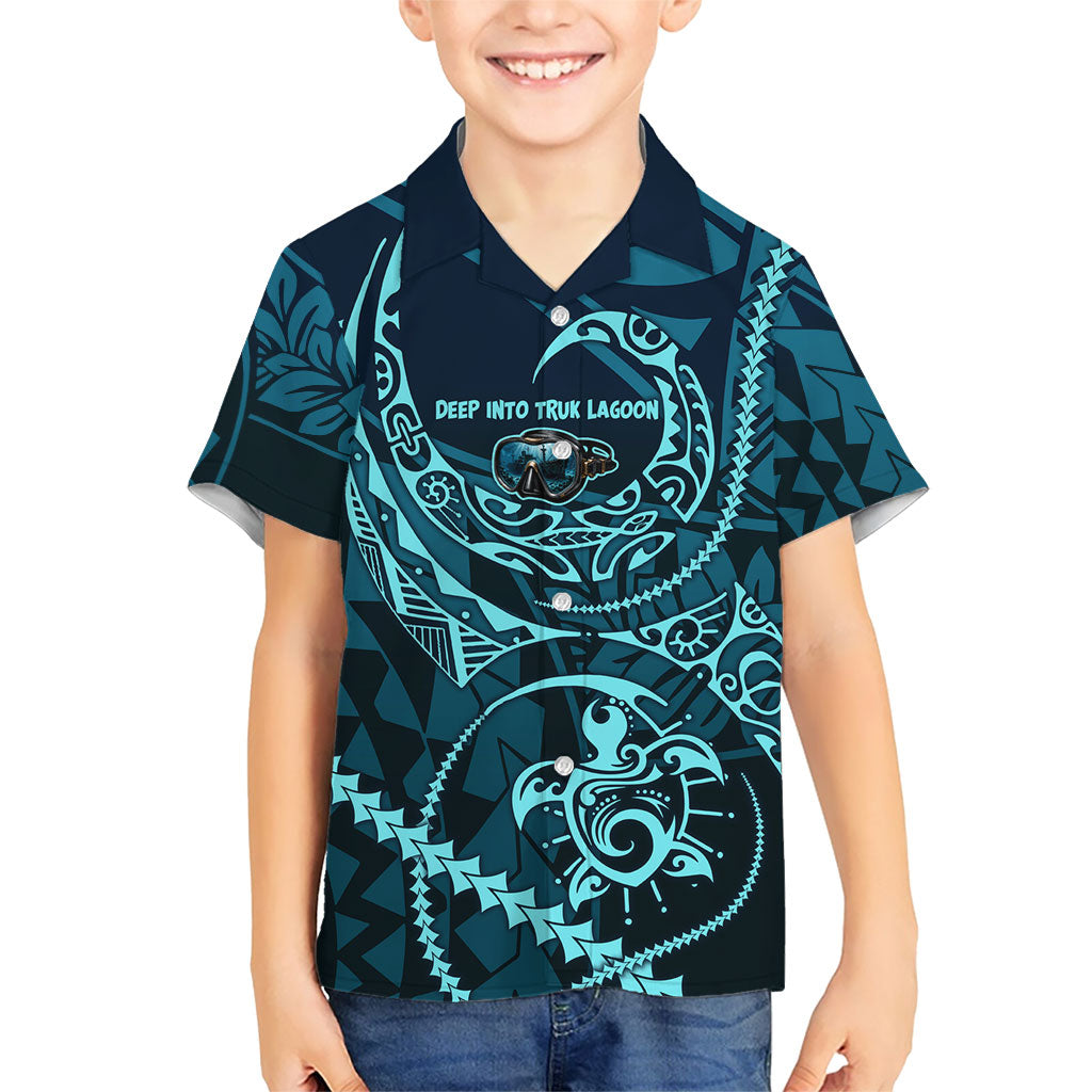 Chuuk Deep Into Truk Lagoon Kid Hawaiian Shirt Polynesian Tribal Pattern Wreck Diving Teal Ship Art TS04 Kid Blue Black - Polynesian Pride
