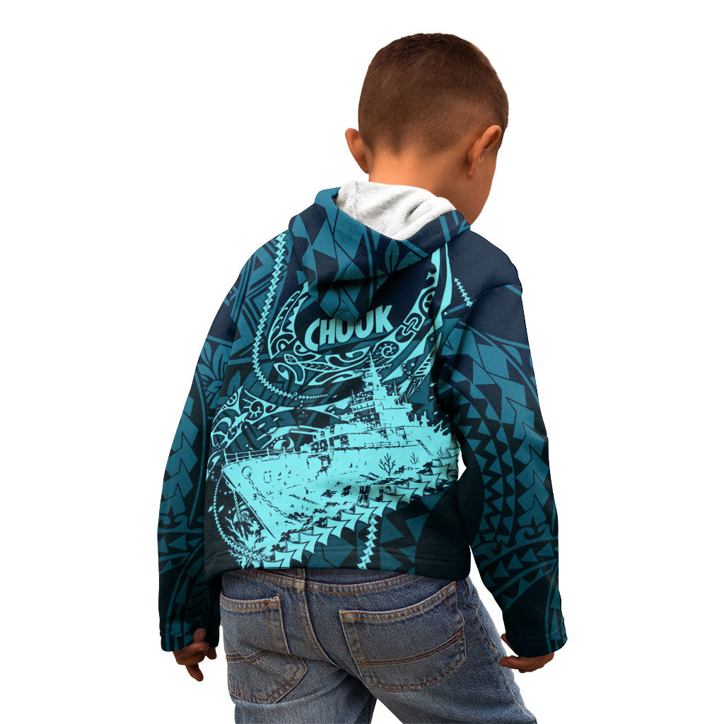 Chuuk Deep Into Truk Lagoon Kid Hoodie Polynesian Tribal Pattern Wreck Diving Teal Ship Art TS04 - Polynesian Pride