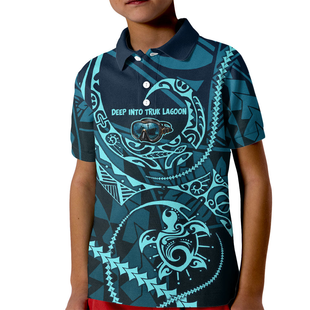 Chuuk Deep Into Truk Lagoon Kid Polo Shirt Polynesian Tribal Pattern Wreck Diving Teal Ship Art TS04 Kid Blue Black - Polynesian Pride