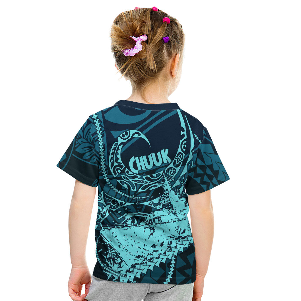 Chuuk Deep Into Truk Lagoon Kid T Shirt Polynesian Tribal Pattern Wreck Diving Teal Ship Art TS04 - Polynesian Pride