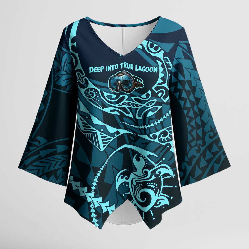 Chuuk Deep Into Truk Lagoon Kimono Sleeve Blouse Polynesian Tribal Pattern Wreck Diving Teal Ship Art TS04 Female Blue Black - Polynesian Pride