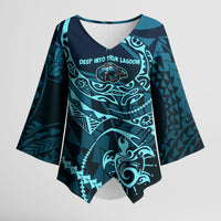 Chuuk Deep Into Truk Lagoon Kimono Sleeve Blouse Polynesian Tribal Pattern Wreck Diving Teal Ship Art TS04 Female Blue Black - Polynesian Pride