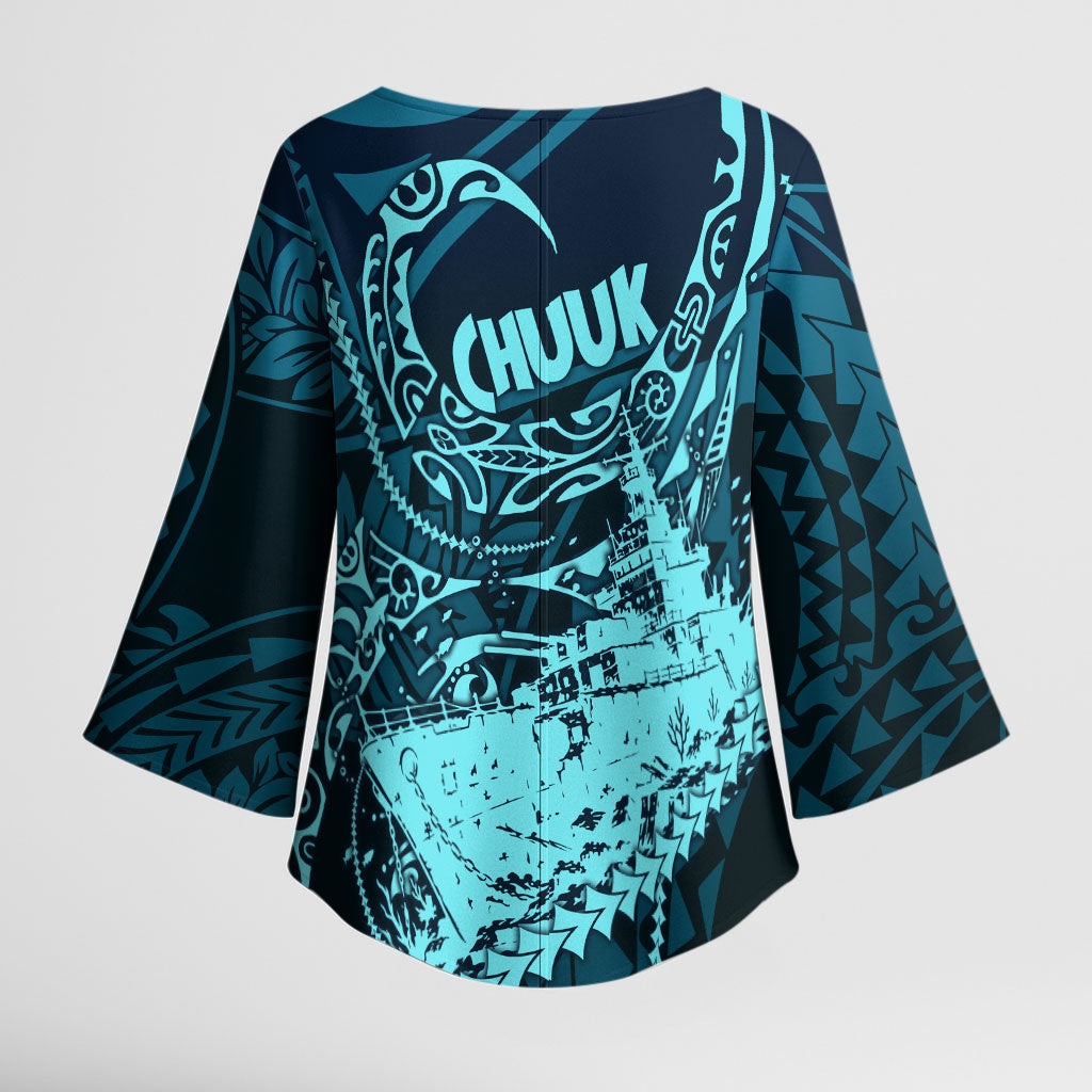 Chuuk Deep Into Truk Lagoon Kimono Sleeve Blouse Polynesian Tribal Pattern Wreck Diving Teal Ship Art TS04 - Polynesian Pride