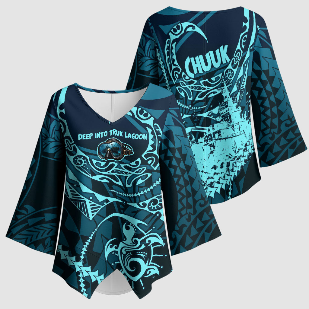 Chuuk Deep Into Truk Lagoon Kimono Sleeve Blouse Polynesian Tribal Pattern Wreck Diving Teal Ship Art TS04 - Polynesian Pride