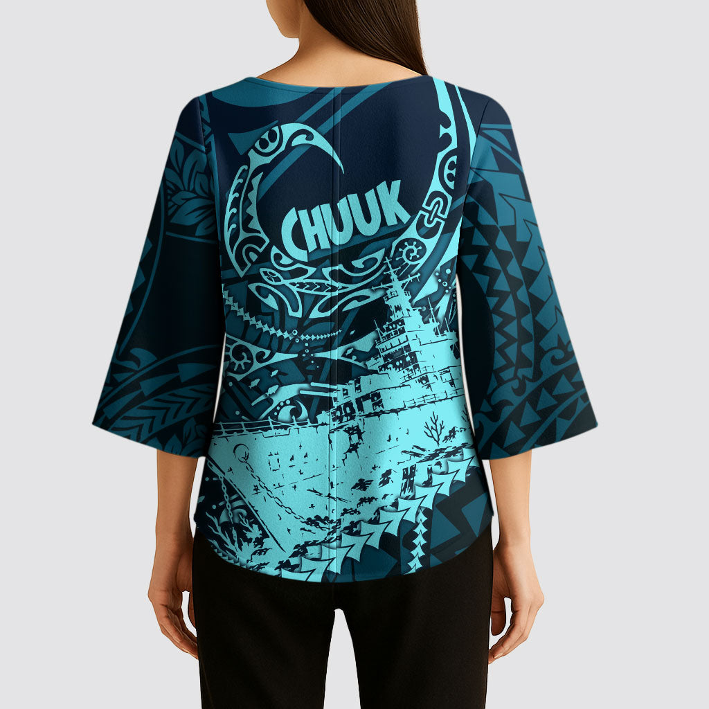 Chuuk Deep Into Truk Lagoon Kimono Sleeve Blouse Polynesian Tribal Pattern Wreck Diving Teal Ship Art TS04 - Polynesian Pride