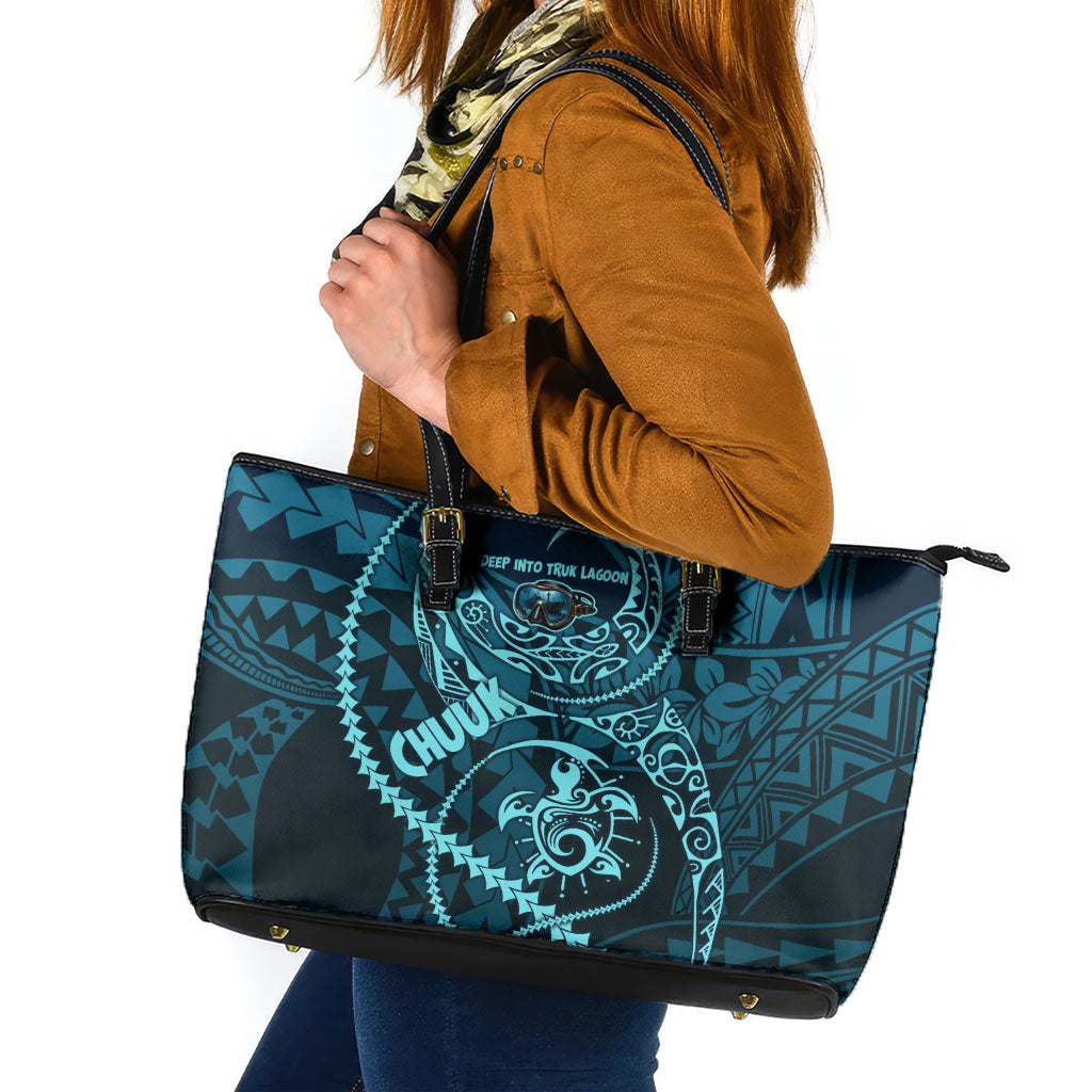 Chuuk Deep Into Truk Lagoon Leather Tote Bag Polynesian Tribal Pattern Wreck Diving Teal Ship Art TS04 Blue Black - Polynesian Pride