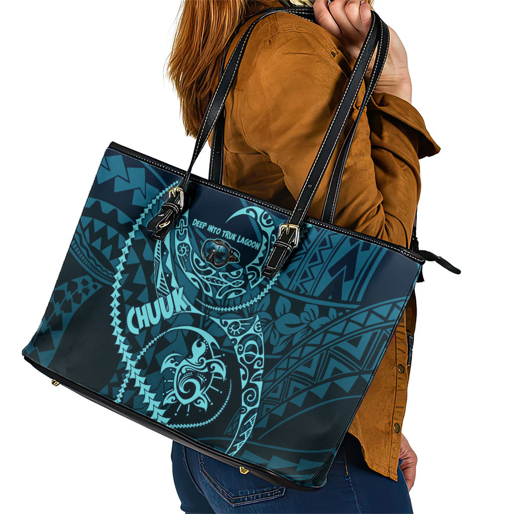Chuuk Deep Into Truk Lagoon Leather Tote Bag Polynesian Tribal Pattern Wreck Diving Teal Ship Art TS04 - Polynesian Pride
