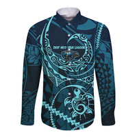 Chuuk Deep Into Truk Lagoon Long Sleeve Button Shirt Polynesian Tribal Pattern Wreck Diving Teal Ship Art TS04 Unisex Blue Black - Polynesian Pride