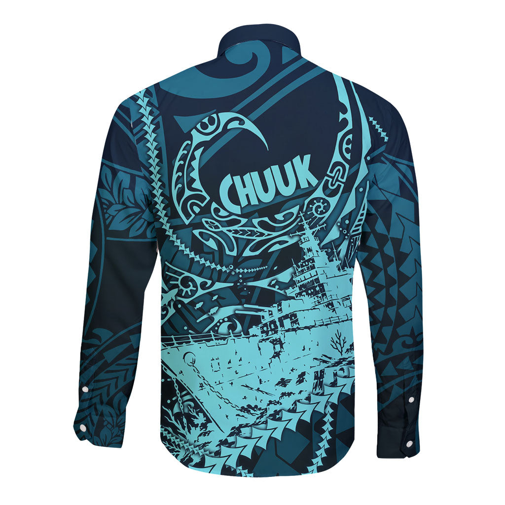 Chuuk Deep Into Truk Lagoon Long Sleeve Button Shirt Polynesian Tribal Pattern Wreck Diving Teal Ship Art TS04 - Polynesian Pride