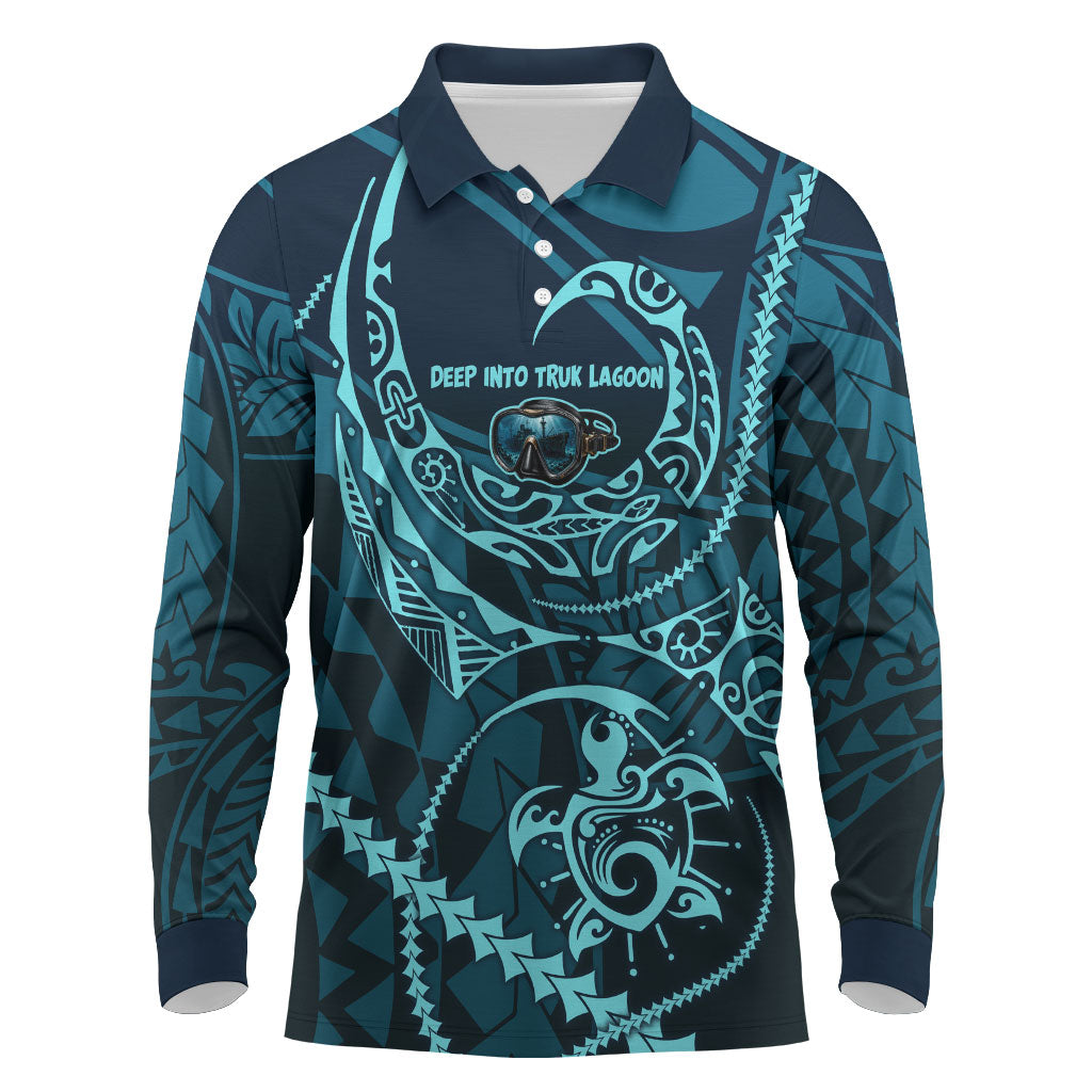 Chuuk Deep Into Truk Lagoon Long Sleeve Polo Shirt Polynesian Tribal Pattern Wreck Diving Teal Ship Art TS04 Blue Black - Polynesian Pride