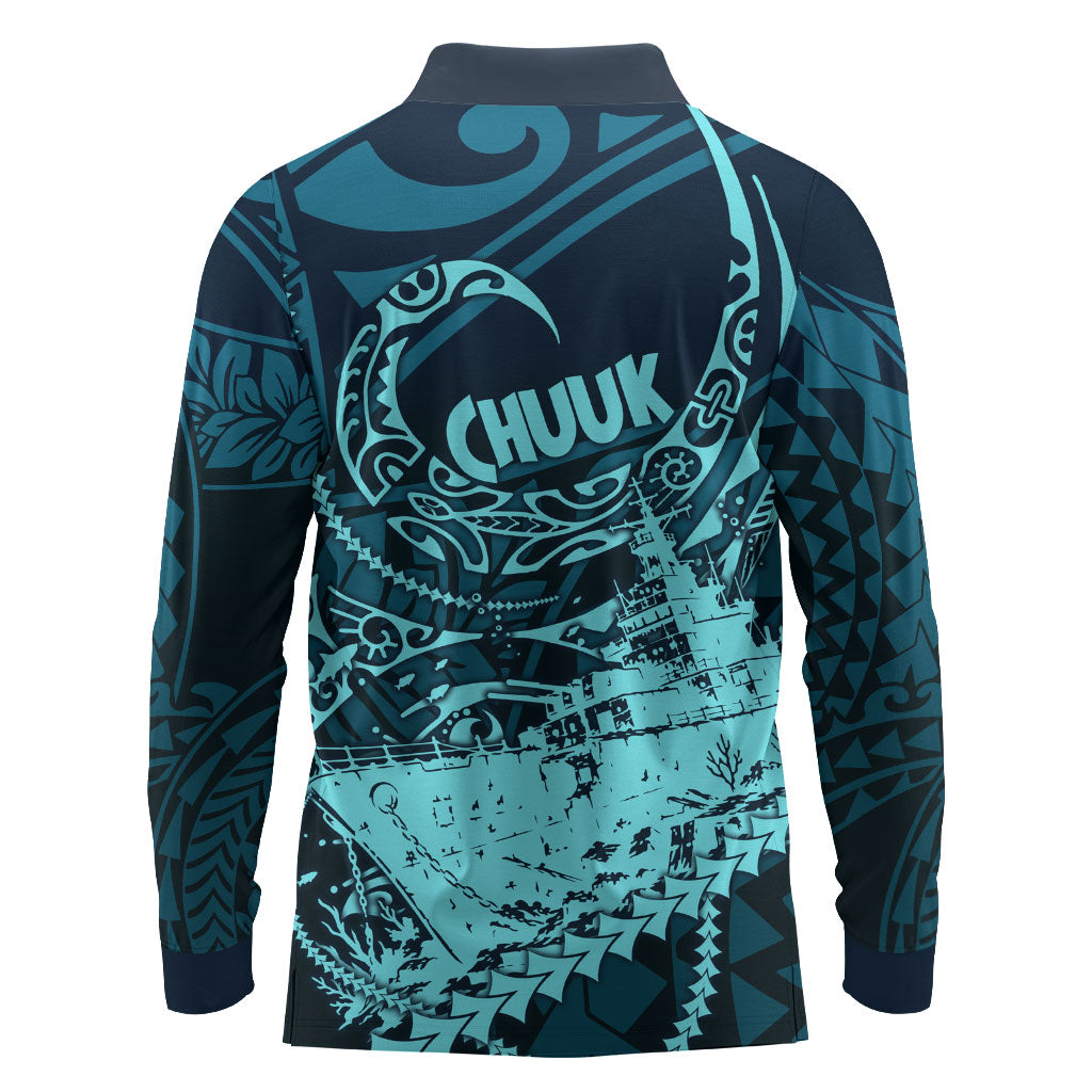 Chuuk Deep Into Truk Lagoon Long Sleeve Polo Shirt Polynesian Tribal Pattern Wreck Diving Teal Ship Art TS04 - Polynesian Pride