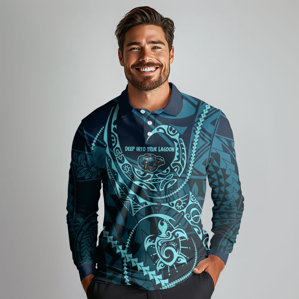 Chuuk Deep Into Truk Lagoon Long Sleeve Polo Shirt Polynesian Tribal Pattern Wreck Diving Teal Ship Art TS04 - Polynesian Pride