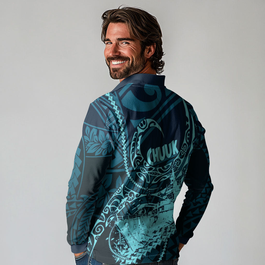 Chuuk Deep Into Truk Lagoon Long Sleeve Polo Shirt Polynesian Tribal Pattern Wreck Diving Teal Ship Art TS04 - Polynesian Pride