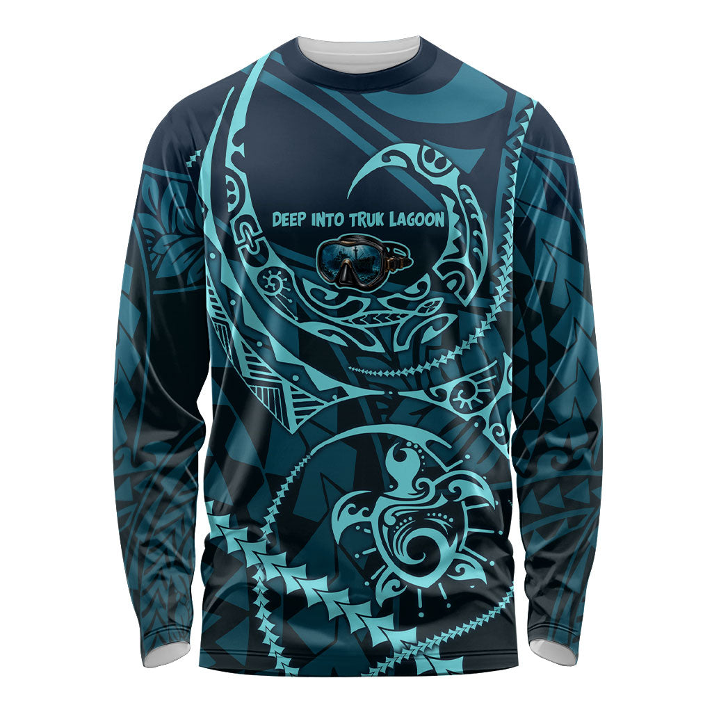 Chuuk Deep Into Truk Lagoon Long Sleeve Shirt Polynesian Tribal Pattern Wreck Diving Teal Ship Art TS04 Unisex Blue Black - Polynesian Pride