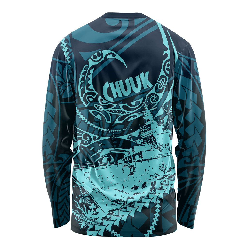 Chuuk Deep Into Truk Lagoon Long Sleeve Shirt Polynesian Tribal Pattern Wreck Diving Teal Ship Art TS04 - Polynesian Pride