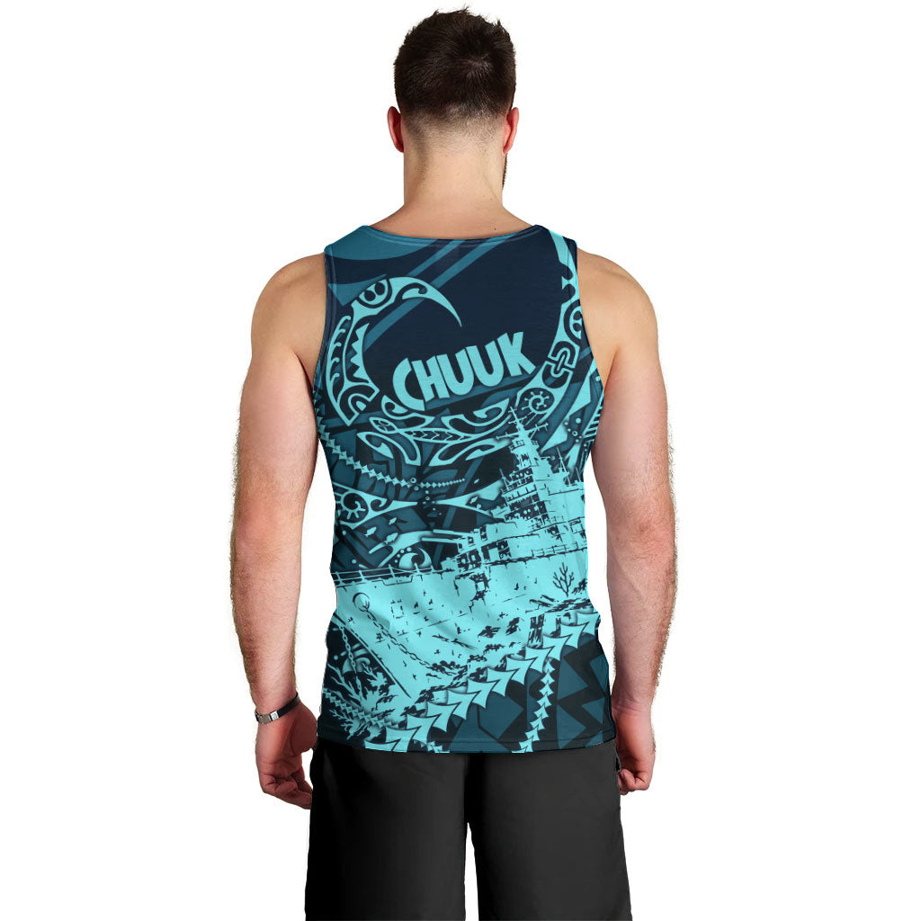 Chuuk Deep Into Truk Lagoon Men Tank Top Polynesian Tribal Pattern Wreck Diving Teal Ship Art TS04 - Polynesian Pride