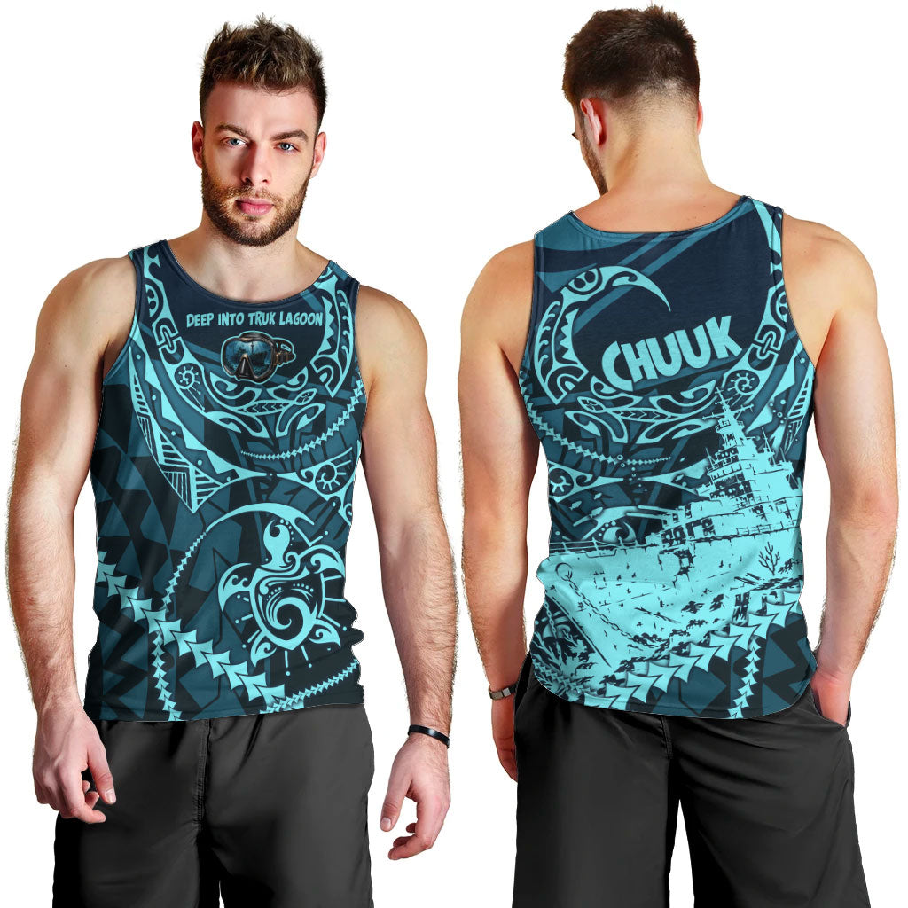 Chuuk Deep Into Truk Lagoon Men Tank Top Polynesian Tribal Pattern Wreck Diving Teal Ship Art TS04 - Polynesian Pride