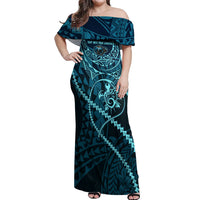 Chuuk Deep Into Truk Lagoon Off Shoulder Maxi Dress Polynesian Tribal Pattern Wreck Diving Teal Ship Art TS04 Women Blue Black - Polynesian Pride