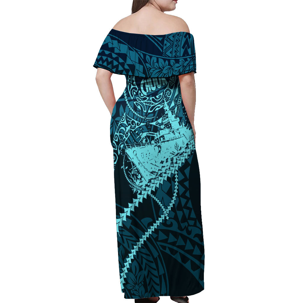 Chuuk Deep Into Truk Lagoon Off Shoulder Maxi Dress Polynesian Tribal Pattern Wreck Diving Teal Ship Art TS04 - Polynesian Pride