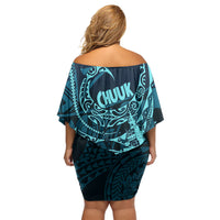 Chuuk Deep Into Truk Lagoon Off Shoulder Short Dress Polynesian Tribal Pattern Wreck Diving Teal Ship Art TS04 - Polynesian Pride
