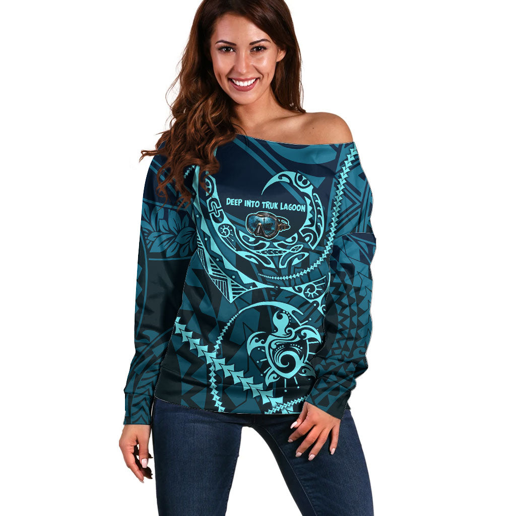 Chuuk Deep Into Truk Lagoon Off Shoulder Sweater Polynesian Tribal Pattern Wreck Diving Teal Ship Art TS04 Women Blue Black - Polynesian Pride