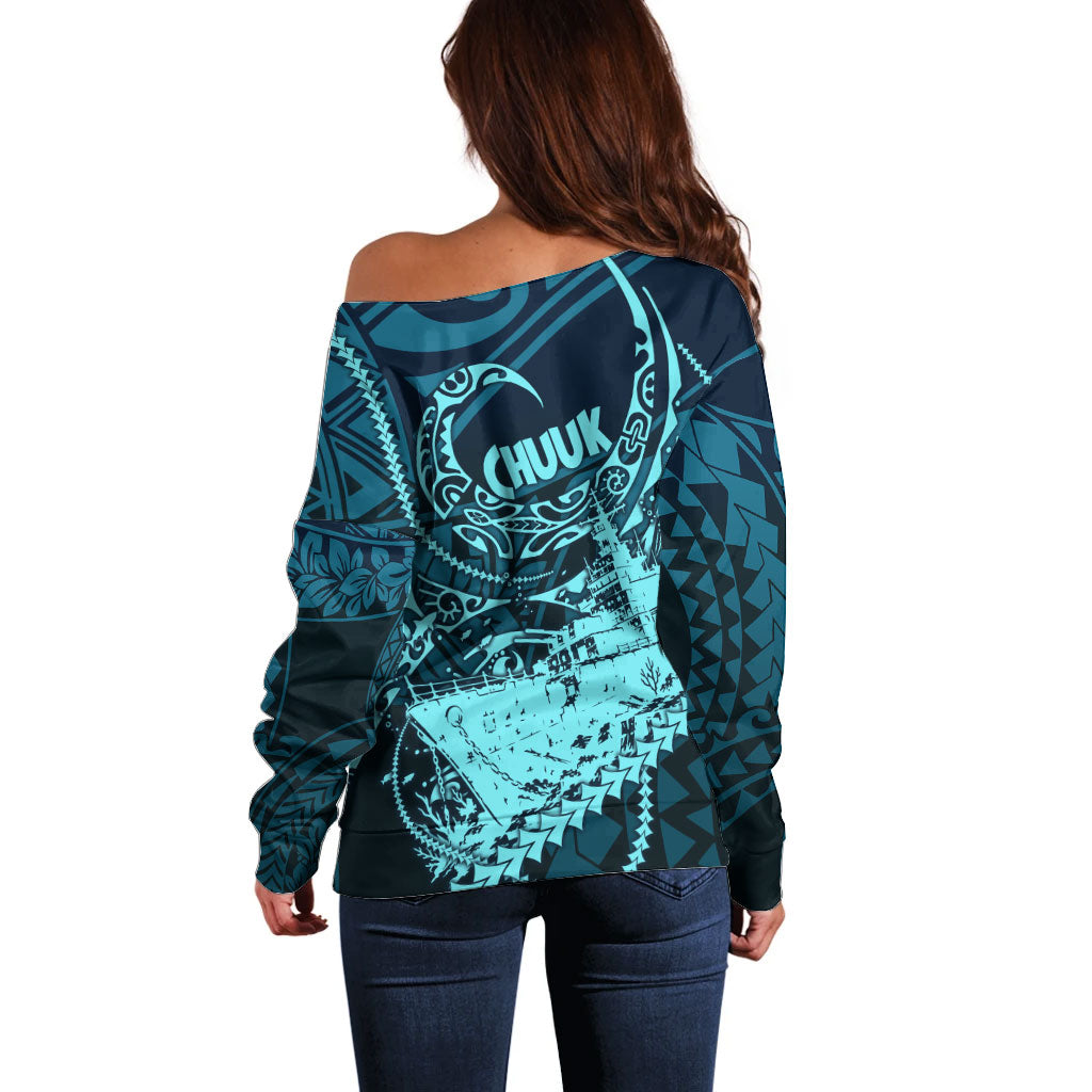 Chuuk Deep Into Truk Lagoon Off Shoulder Sweater Polynesian Tribal Pattern Wreck Diving Teal Ship Art TS04 - Polynesian Pride