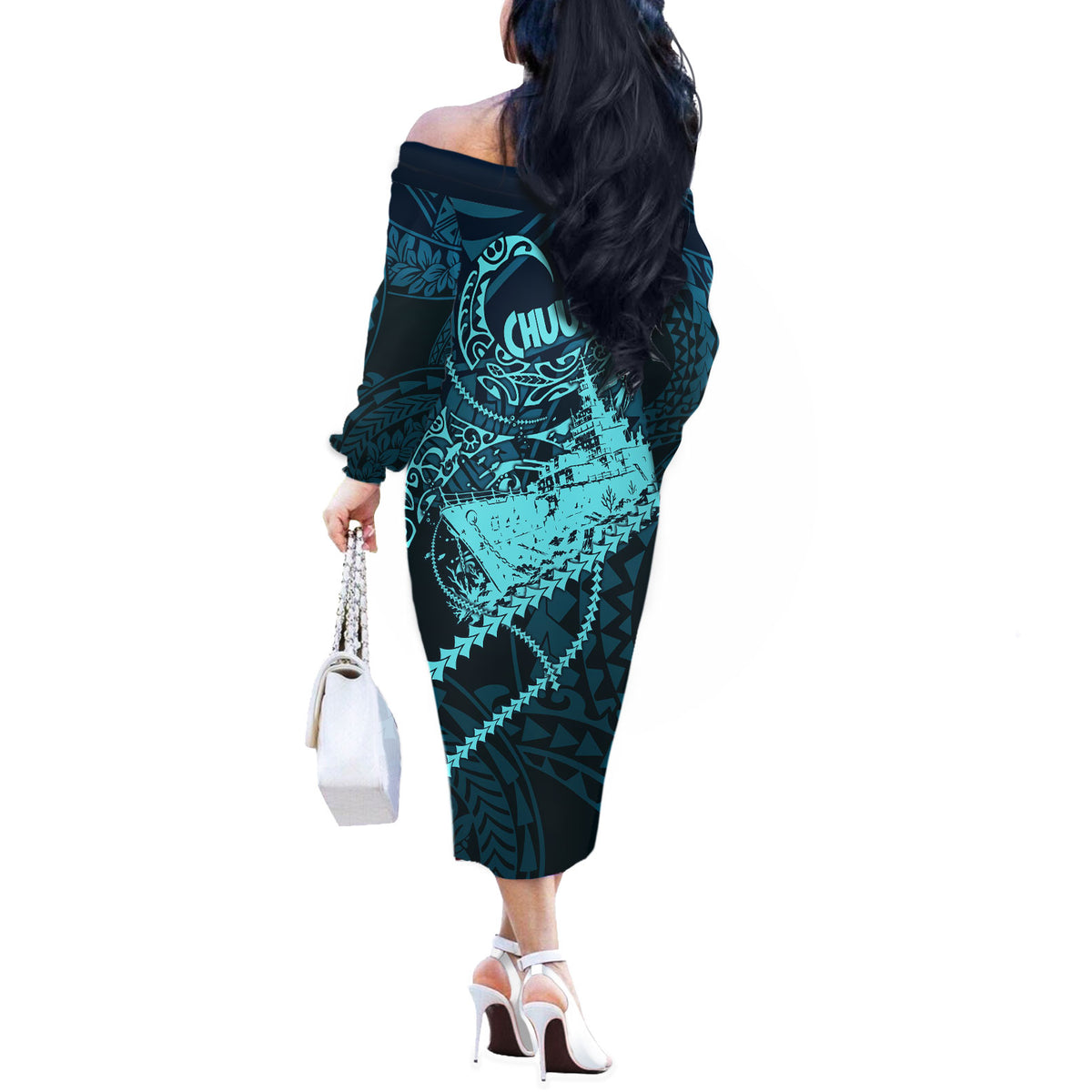 Chuuk Deep Into Truk Lagoon Off The Shoulder Long Sleeve Dress Polynesian Tribal Pattern Wreck Diving Teal Ship Art TS04 - Polynesian Pride