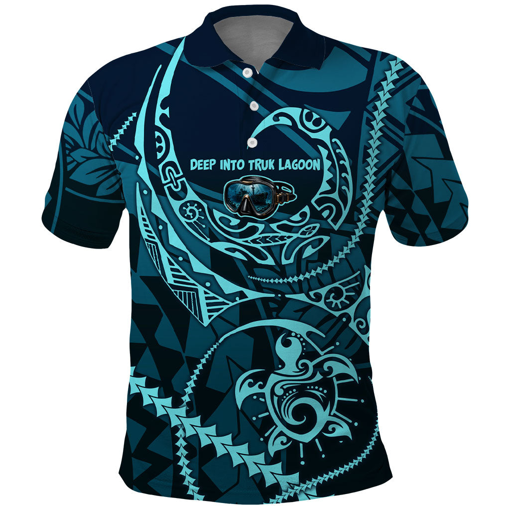Chuuk Deep Into Truk Lagoon Polo Shirt Polynesian Tribal Pattern Wreck Diving Teal Ship Art TS04 Blue Black - Polynesian Pride