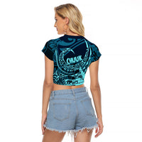 Chuuk Deep Into Truk Lagoon Raglan Cropped T Shirt Polynesian Tribal Pattern Wreck Diving Teal Ship Art TS04 - Polynesian Pride