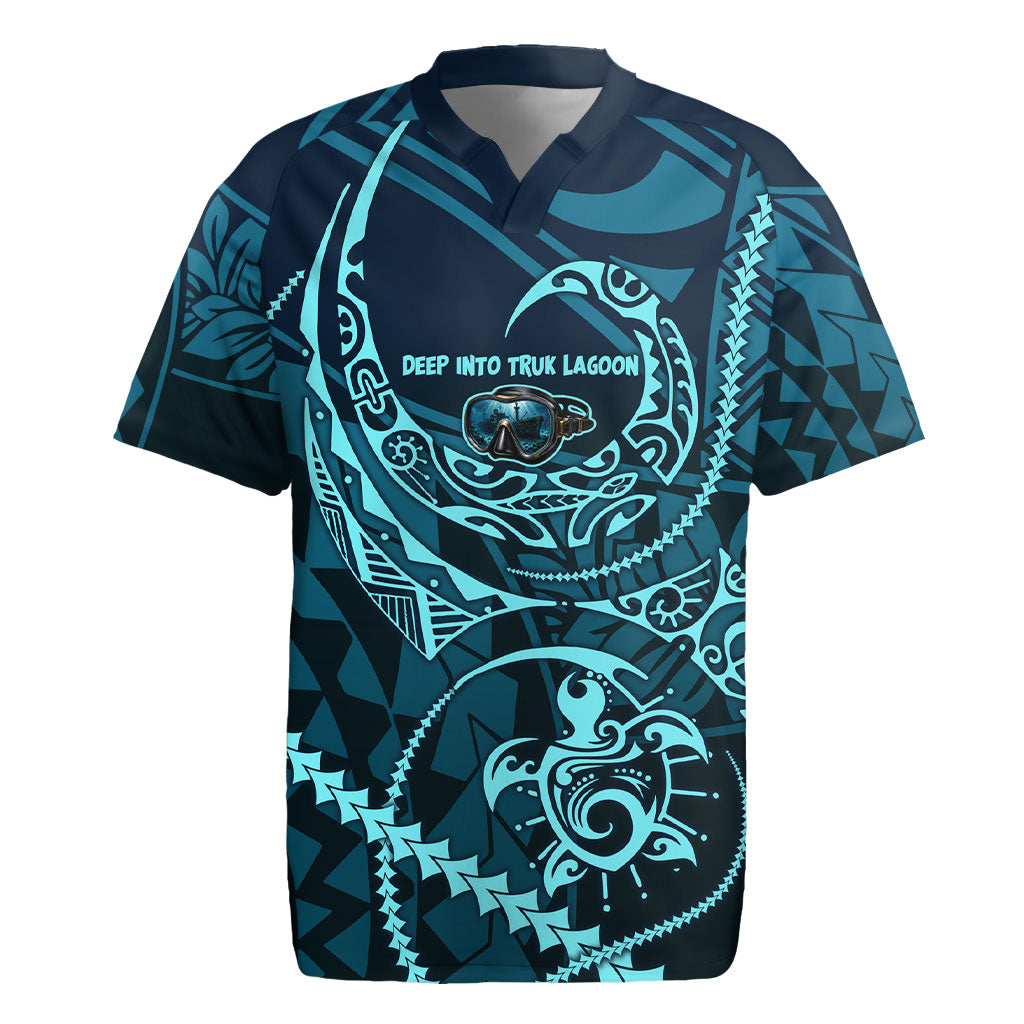Chuuk Deep Into Truk Lagoon Rugby Jersey Polynesian Tribal Pattern Wreck Diving Teal Ship Art TS04 Blue Black - Polynesian Pride