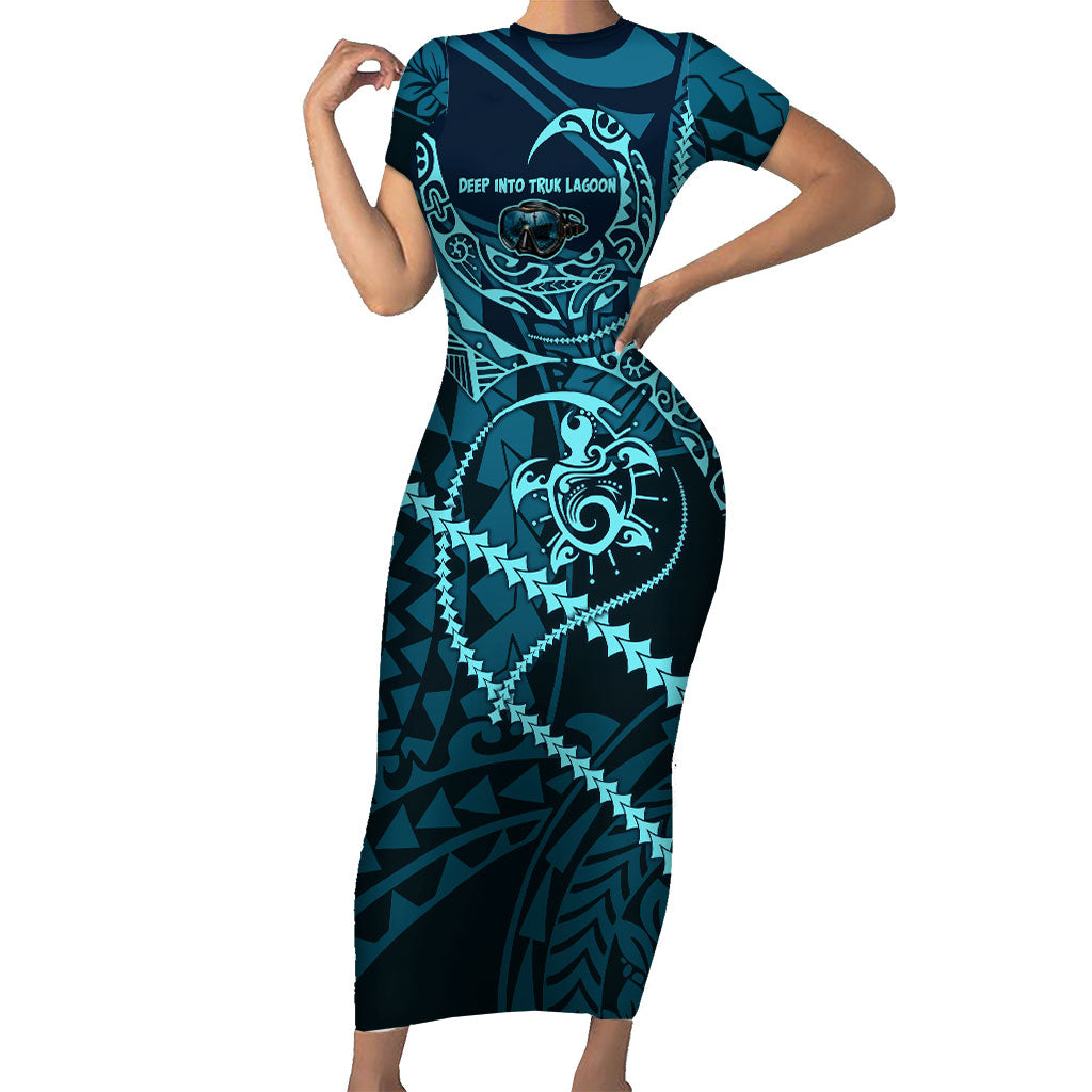 Chuuk Deep Into Truk Lagoon Short Sleeve Bodycon Dress Polynesian Tribal Pattern Wreck Diving Teal Ship Art TS04 Long Dress Blue Black - Polynesian Pride