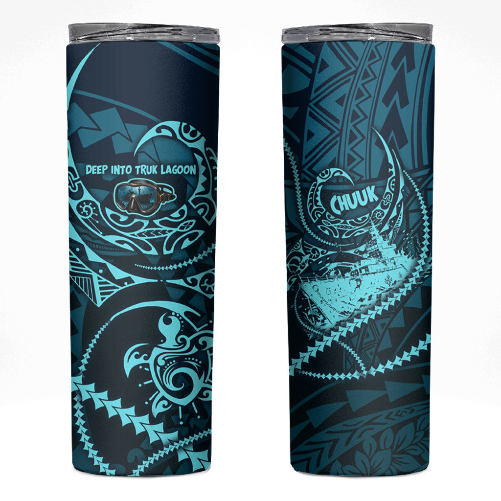 Chuuk Deep Into Truk Lagoon Skinny Tumbler Polynesian Tribal Pattern Wreck Diving Teal Ship Art TS04 Blue Black - Polynesian Pride