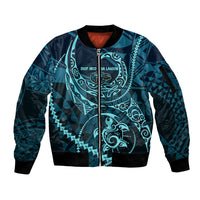 Chuuk Deep Into Truk Lagoon Sleeve Zip Bomber Jacket Polynesian Tribal Pattern Wreck Diving Teal Ship Art