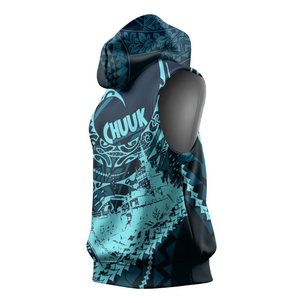 Chuuk Deep Into Truk Lagoon Sleeveless Hoodie Polynesian Tribal Pattern Wreck Diving Teal Ship Art TS04 - Polynesian Pride