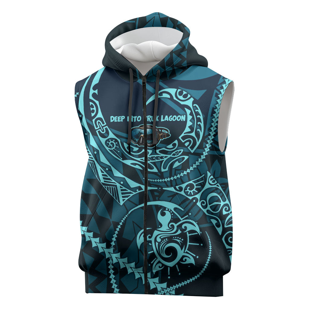 Chuuk Deep Into Truk Lagoon Sleeveless Zip Hoodie Polynesian Tribal Pattern Wreck Diving Teal Ship Art TS04 Blue Black - Polynesian Pride