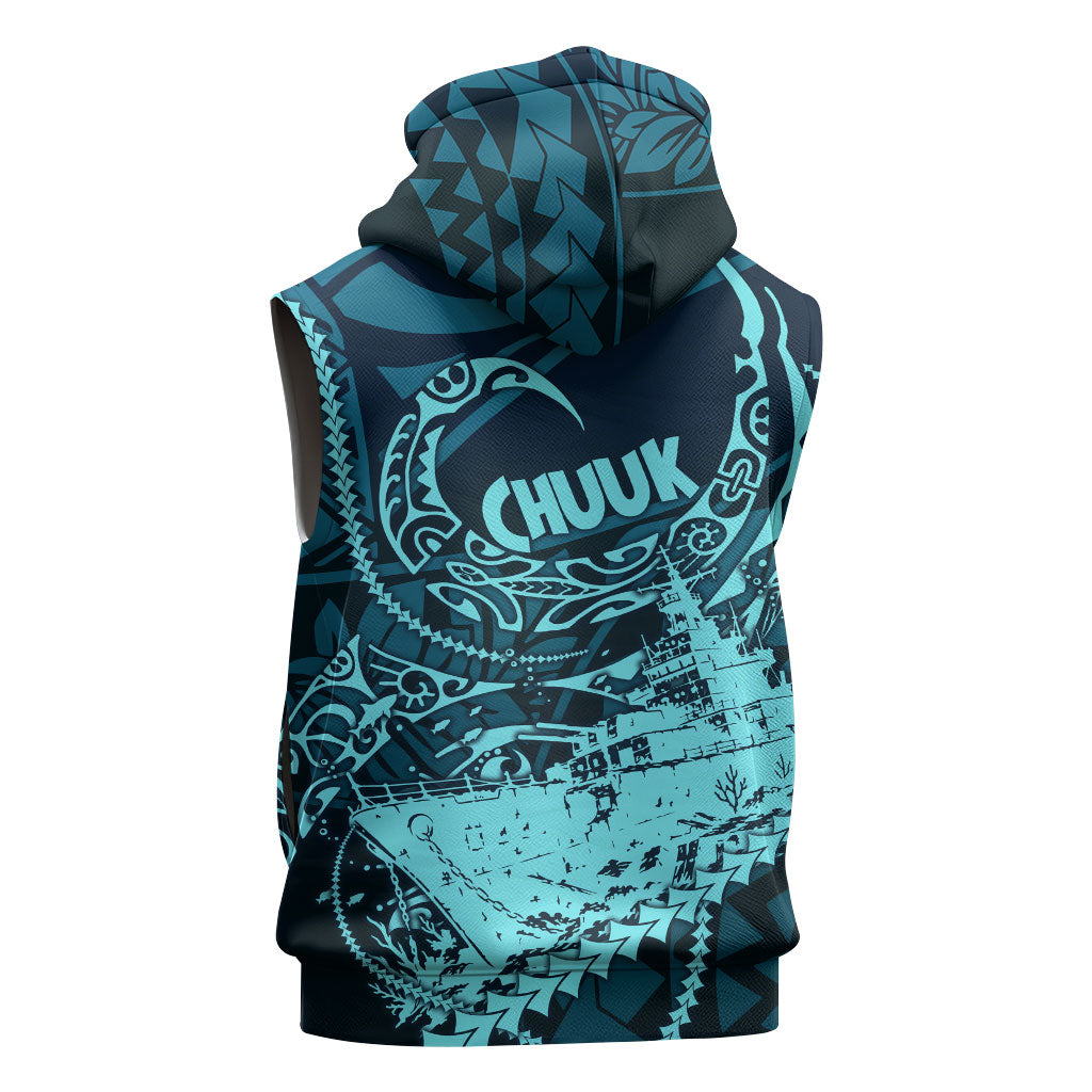 Chuuk Deep Into Truk Lagoon Sleeveless Zip Hoodie Polynesian Tribal Pattern Wreck Diving Teal Ship Art TS04 - Polynesian Pride