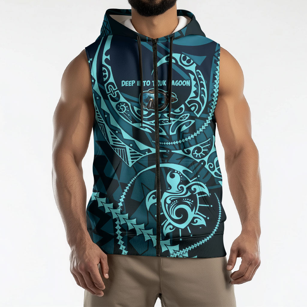 Chuuk Deep Into Truk Lagoon Sleeveless Zip Hoodie Polynesian Tribal Pattern Wreck Diving Teal Ship Art TS04 - Polynesian Pride