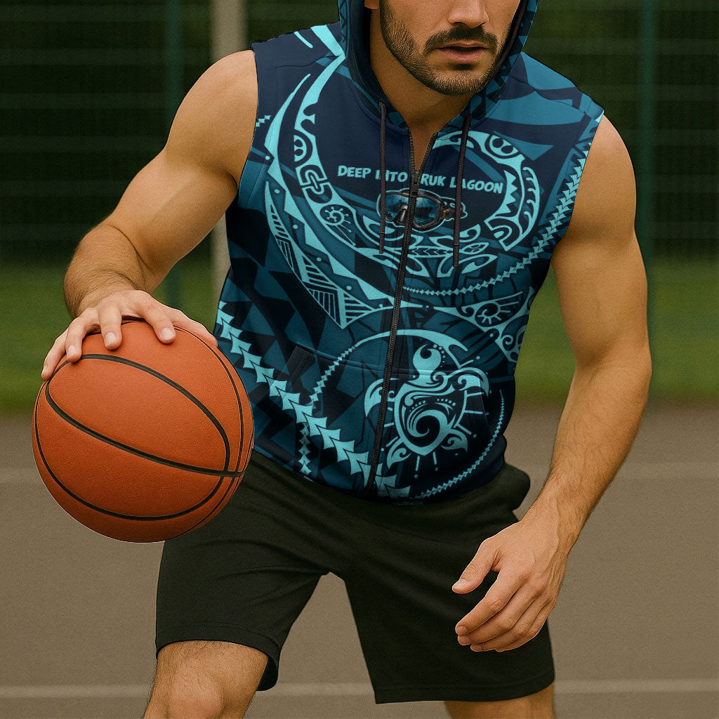 Chuuk Deep Into Truk Lagoon Sleeveless Zip Hoodie Polynesian Tribal Pattern Wreck Diving Teal Ship Art TS04 - Polynesian Pride