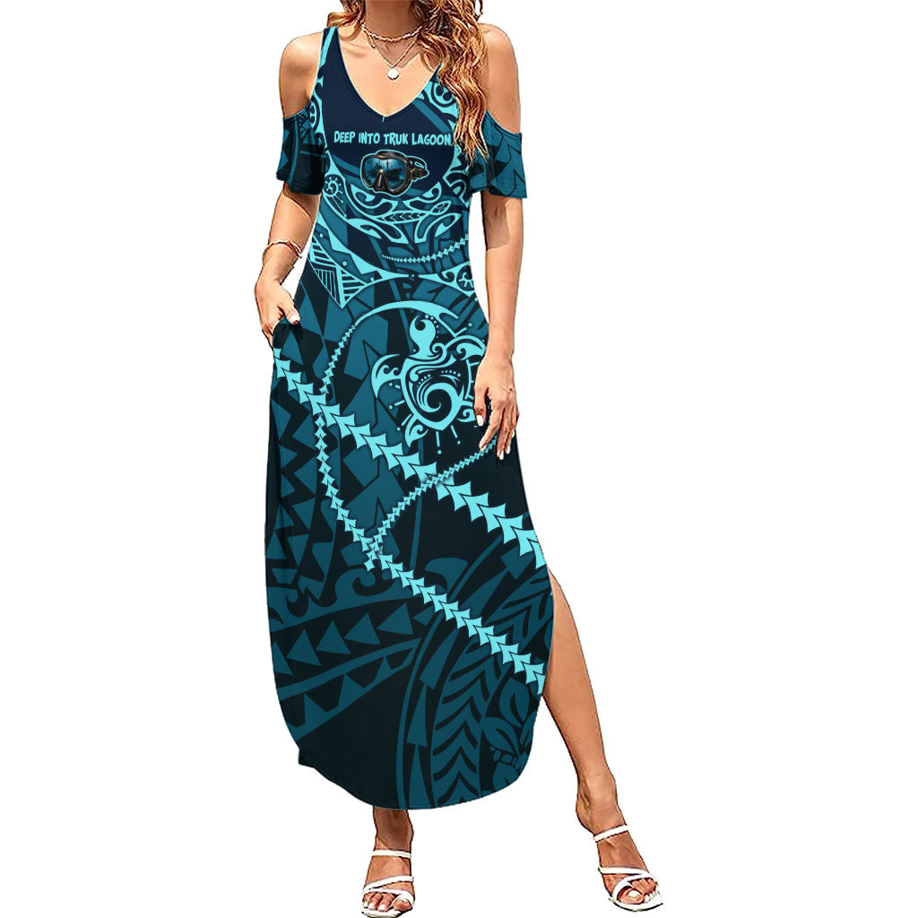 Chuuk Deep Into Truk Lagoon Summer Maxi Dress Polynesian Tribal Pattern Wreck Diving Teal Ship Art TS04 Women Blue Black - Polynesian Pride
