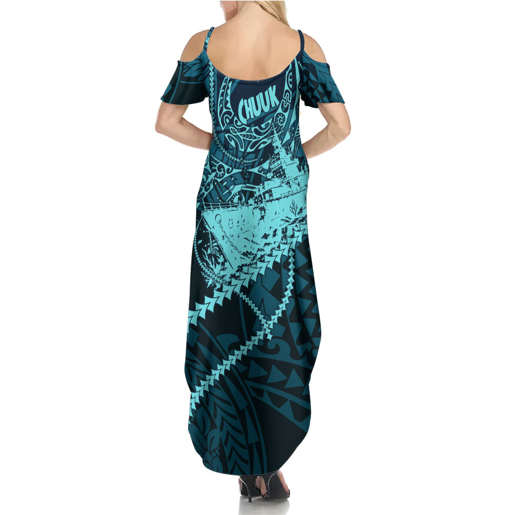 Chuuk Deep Into Truk Lagoon Summer Maxi Dress Polynesian Tribal Pattern Wreck Diving Teal Ship Art TS04 - Polynesian Pride