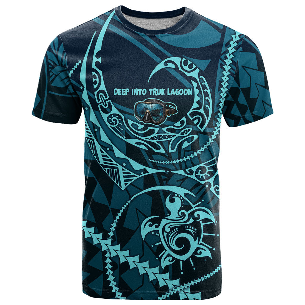 Chuuk Deep Into Truk Lagoon T Shirt Polynesian Tribal Pattern Wreck Diving Teal Ship Art TS04 Blue Black - Polynesian Pride