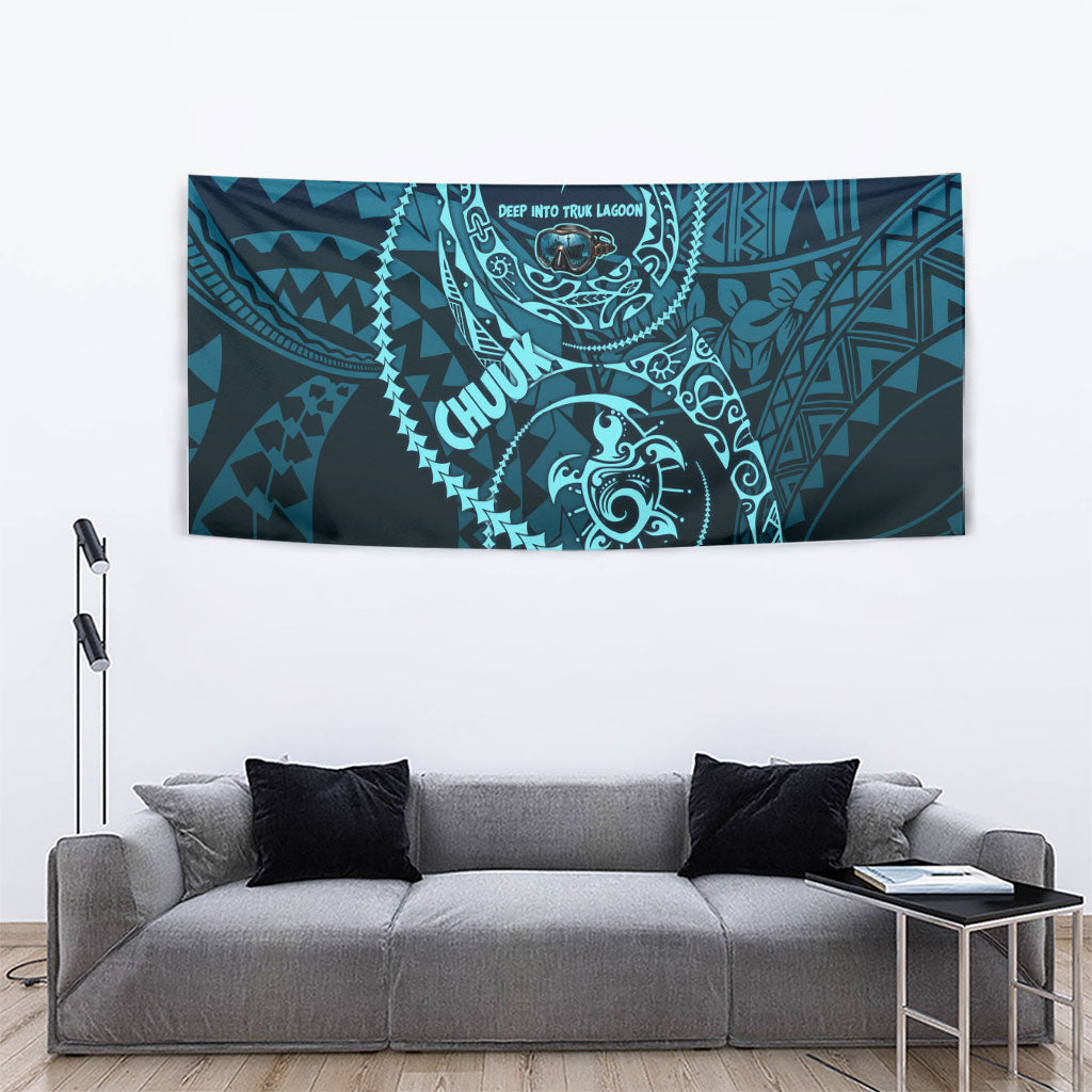 Chuuk Deep Into Truk Lagoon Tapestry Polynesian Tribal Pattern Wreck Diving Teal Ship Art