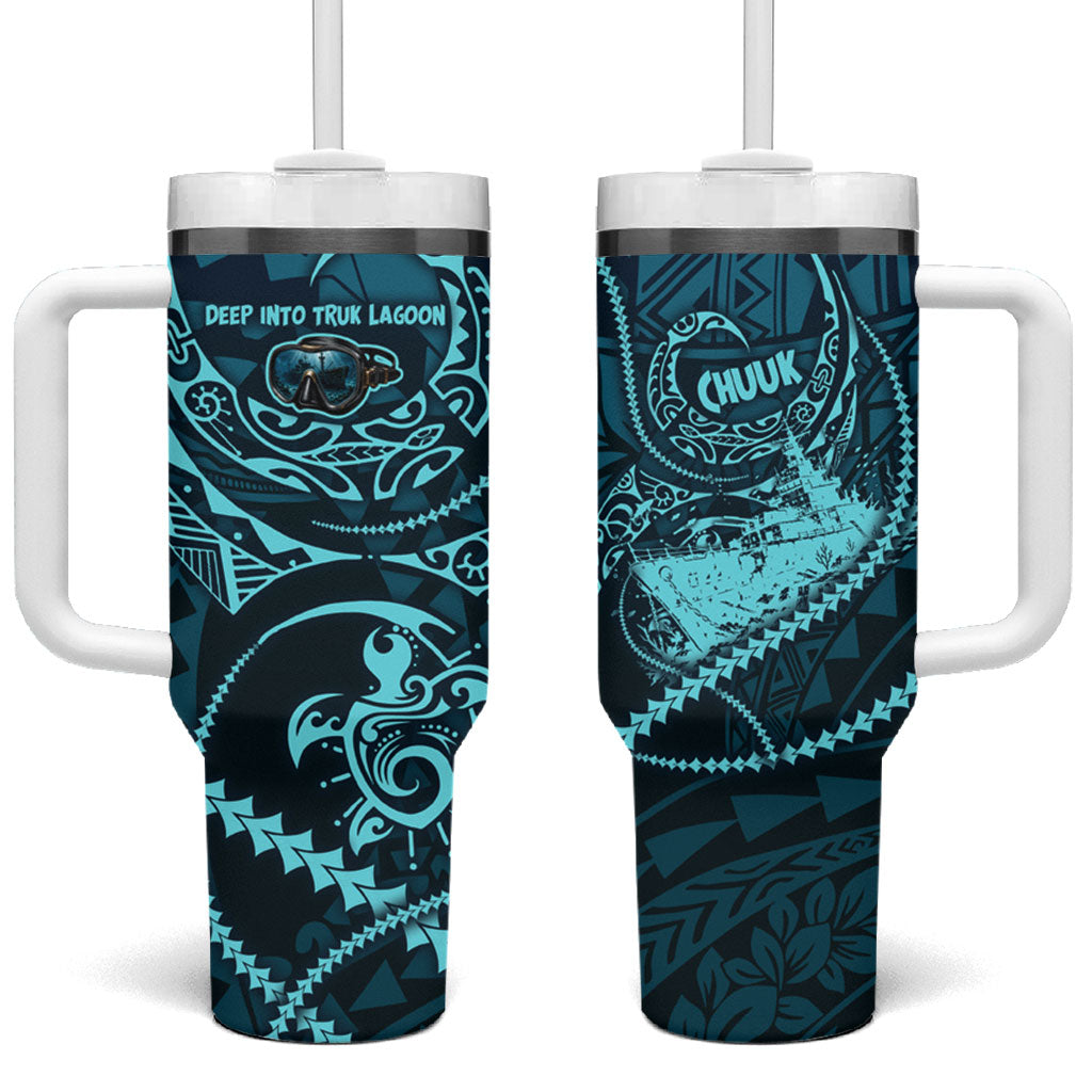 Chuuk Deep Into Truk Lagoon Tumbler With Handle Polynesian Tribal Pattern Wreck Diving Teal Ship Art TS04 One Size: 40 oz Blue Black - Polynesian Pride