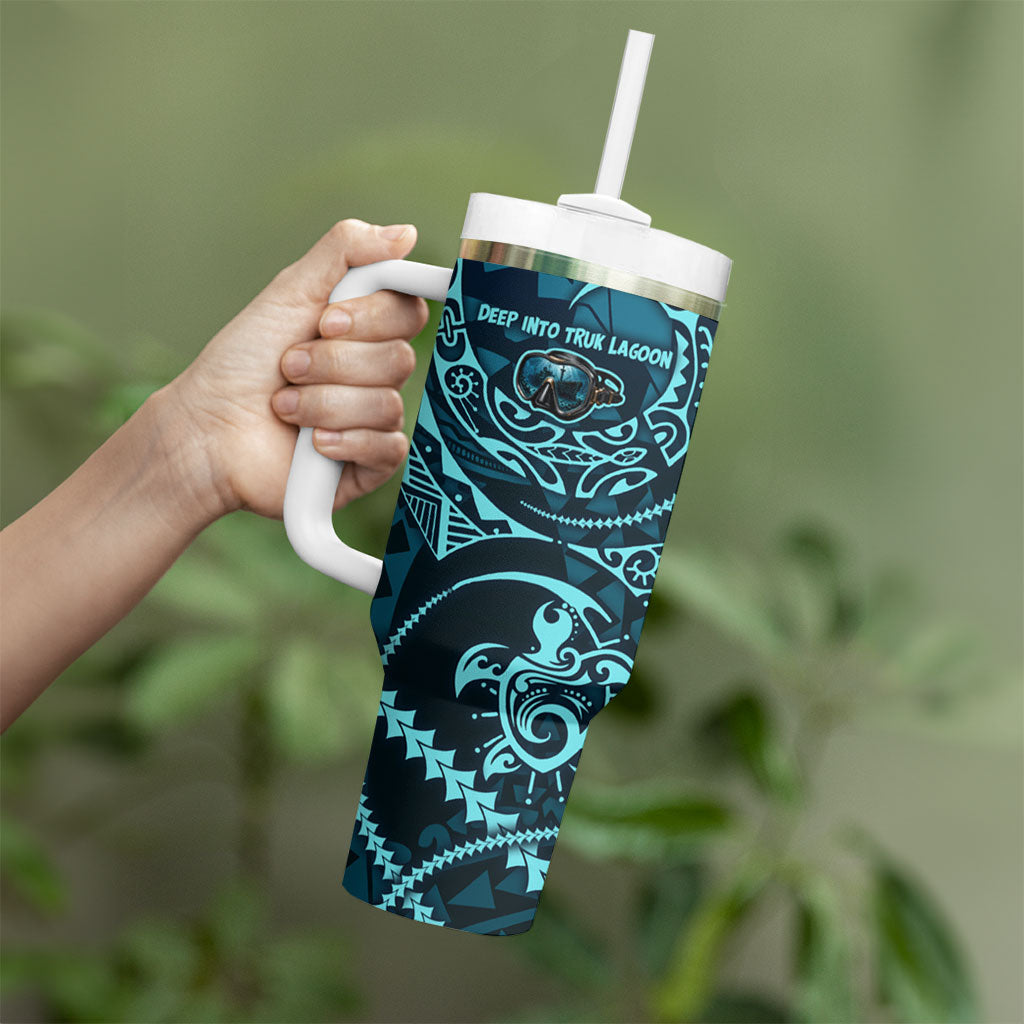 Chuuk Deep Into Truk Lagoon Tumbler With Handle Polynesian Tribal Pattern Wreck Diving Teal Ship Art TS04 - Polynesian Pride