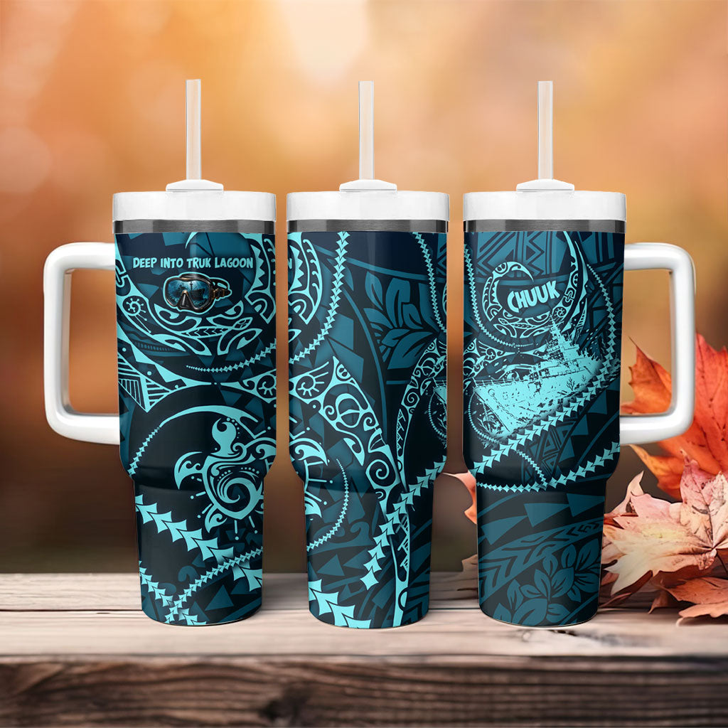 Chuuk Deep Into Truk Lagoon Tumbler With Handle Polynesian Tribal Pattern Wreck Diving Teal Ship Art TS04 - Polynesian Pride