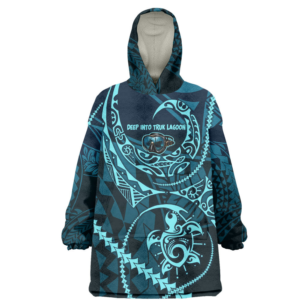 Chuuk Deep Into Truk Lagoon Wearable Blanket Hoodie Polynesian Tribal Pattern Wreck Diving Teal Ship Art TS04 One Size Blue Black - Polynesian Pride