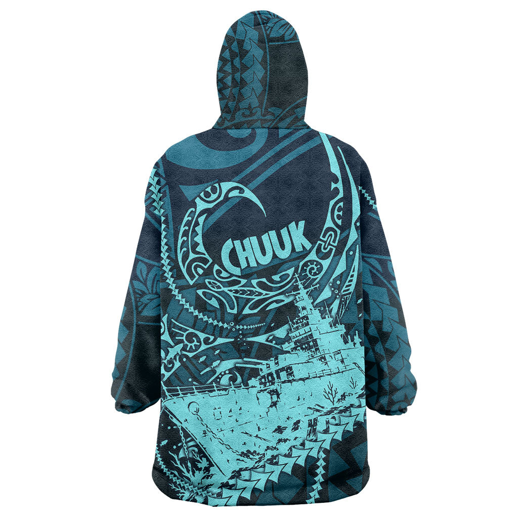 Chuuk Deep Into Truk Lagoon Wearable Blanket Hoodie Polynesian Tribal Pattern Wreck Diving Teal Ship Art TS04 - Polynesian Pride