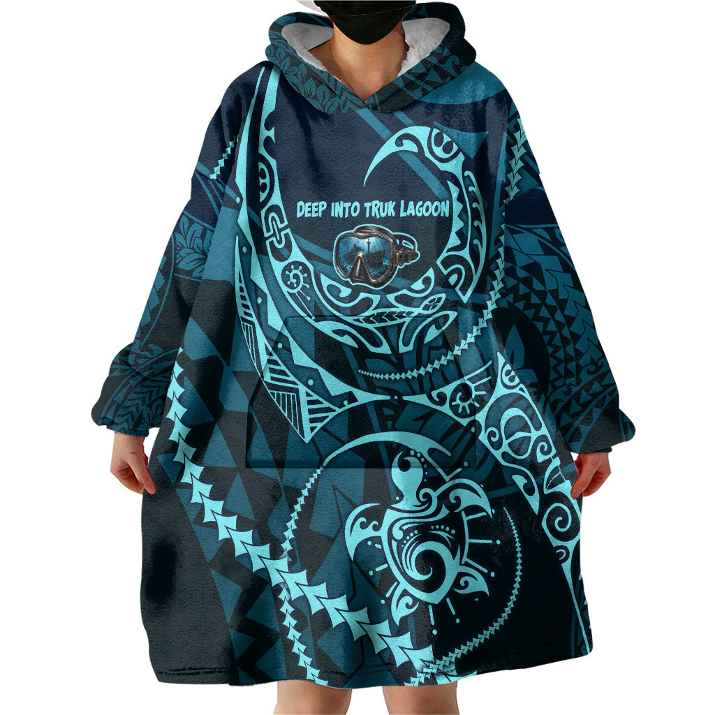 Chuuk Deep Into Truk Lagoon Wearable Blanket Hoodie Polynesian Tribal Pattern Wreck Diving Teal Ship Art TS04 - Polynesian Pride